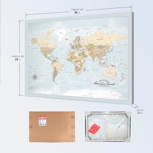 Image of IPIC - Blue Ocean World Map Pin Board Canvas Wall Art, Travel Map with Pins Included, Ready to Hang for Home or Office 36x24 Inch