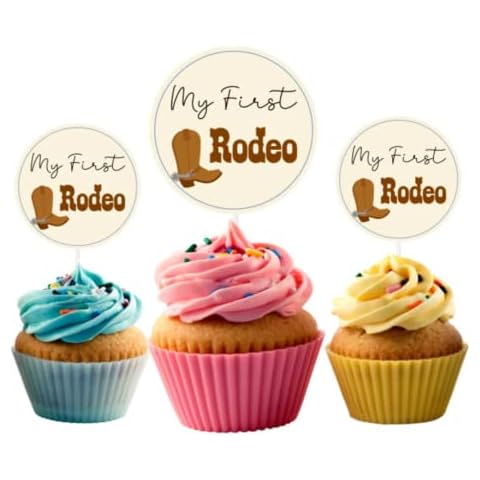 My First Rodeo Cupcake Topper (24 Count) - 1st Birthday Party Western Cake Picks Cowboy Themed Party Decorations and Decor Cover