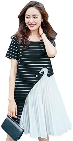 Amazon Co Jp 半袖 ひざ丈ワンピース 重ね着風 プリーツスカート ボーダーtシャツ 黒 白 Ll 3l 4l 5l 6l 大きいサイズ 3l 服 ファッション小物