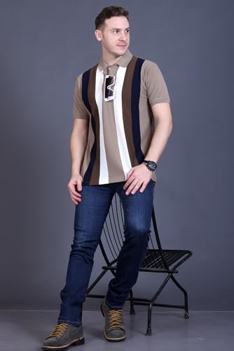 Image of GODFREY Striped Tshirt Shirts Men Cotton Polo T Shirt for Man with Pocket - Regular Fit Half Sleeve Collar T Shirts for Men