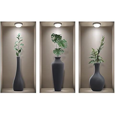 TOARTI 3 Stück 3D Wandsticker Vase,Wandtattoo Wohnzimmer Vasen,Grüne Pflanzen Wandaufkleber,Vinyl Abnehmbare Schwarz Flasche und Grünes Blatt Wandbilder für Schlafzimmer Büro Küche Wanddeko,20CM×40CM Cover