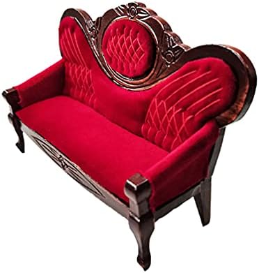 1:12 Miniature Mini House Furniture Vintage Red Wooden Carved Sofa for Miniature House Accessories Furniture Decoration Birthday