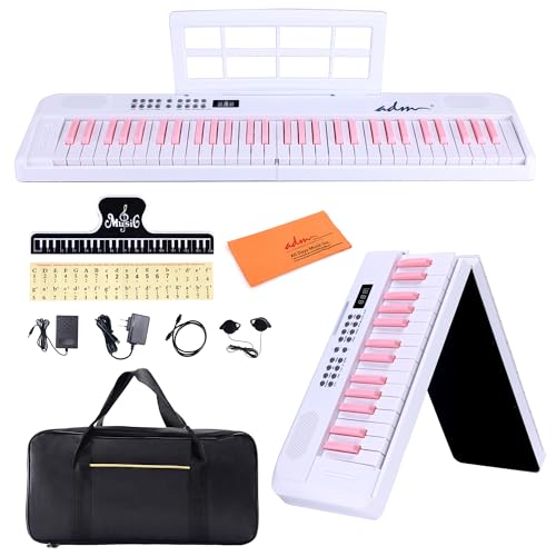 ADM 61 Key Folding Electric Piano Keyboard, Foldable Electronic Keyboard, Wireless 128 Tones, 128 Rhythms Includes Pedal, Gig Bag, Headphones for Beginners, Students, Teenagers, Adults, White