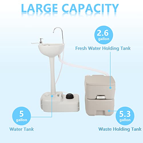 Image of Outvita Portable Sink and Toilet Combo, 5 Gallon Hand Washing Station & 5.3 gallon Flushing Toilet, Detachable Wastewater Recycled Perfect for Outdoor Camping RV Travel Boat
