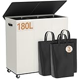 Chrislley 180L Laundry Hamper 3 Section,Rolling Large Laundry Basket with Wheels,Dirty Clothes Hamper with Lid and Removable Liner Bags,Collapsible Laundry Organizer for Bedroom, Dorm,Beige