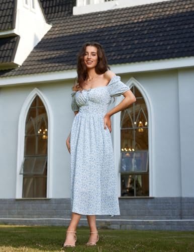 Image of Scarlet Darkness Women's Floral Corset Dress with Split 2026 Summer Spring Square Neck Midi Milkmaid Dresses Green Blue Floral S