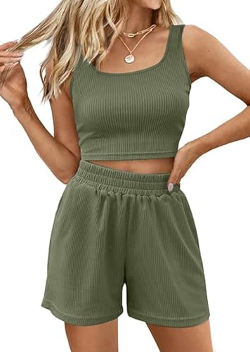 Yutdeng Conjuntos Mujer Verano Dos Piezas Pantalón Corto y Crop Top Camiseta sin Mangas Cintura Elastica con Bolsillos Ligeros Casual Chandal Playa Conjunto 2 Piezas Mujer Traje Pijamas,Verde,M