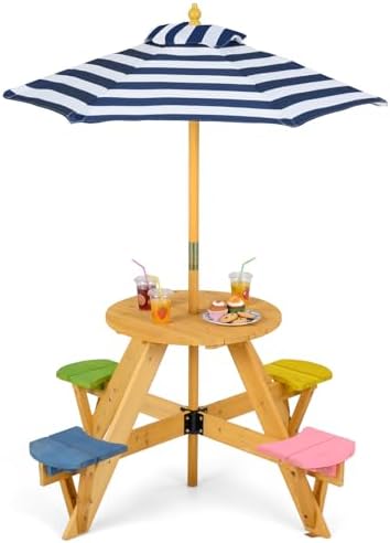 Costzon Kids Picnic Table, 4-Person Wooden Toddler Outdoor Table & Stool Set with Adjustable Umbrella, Wooden Kids Outdoor Furniture for Patio Backyard Lawn Garden