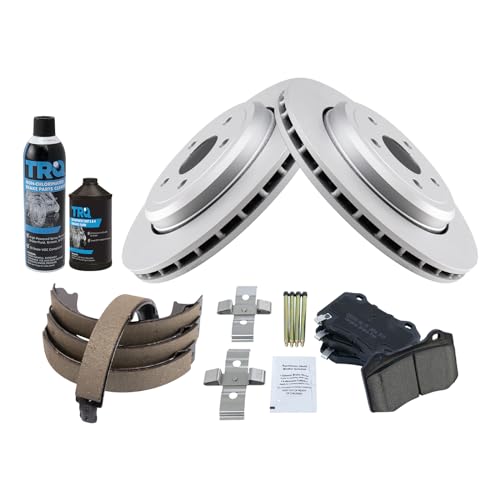Image of TRQ Rear Brake Pad & Rotor Kit, with Chemical Kit Parking Brake Shoe Set Ceramic Premium G-Coated Compatible with 2018-2019 Dodge Durango 2012-2019 Jeep Grand Cherokee