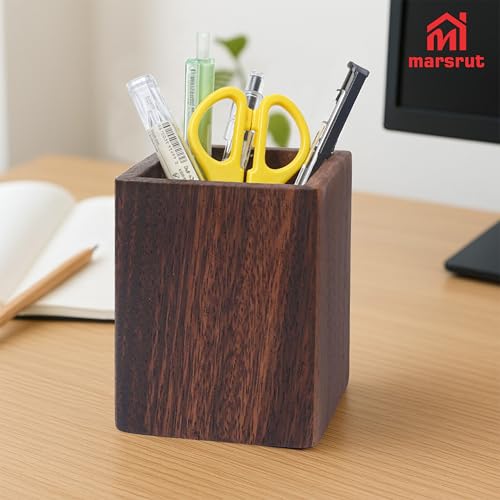Wooden Pencil Holder for Desk, Wood Pen Black Walnut Cup Holder Square Handwork Natural Organizer Simple Stand for Pencils Make up Brushes Stationery Desks Offices Desk Desktop Decoration (Brown) - Image 3