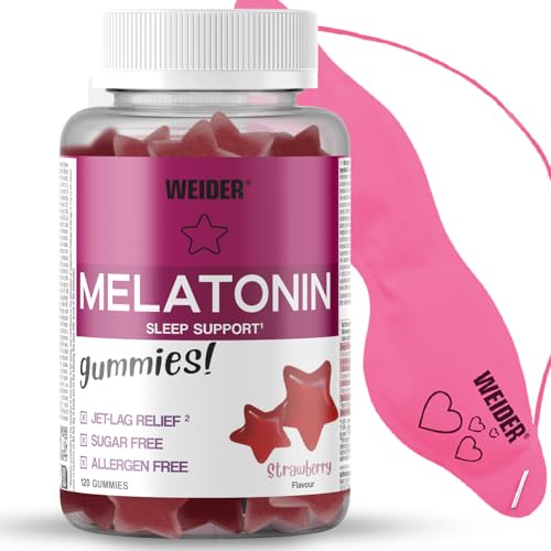 Weider Pack Melatonin 120 Gummies Sabor Fresa + Antifaz Belleza, 1 mg melatonina/gominola, Ayuda contra insomnio, jet-lag, trastornos del sueño, con Vitamina B6, Sin Azúcar, Sin Gluten (para 4 meses)
