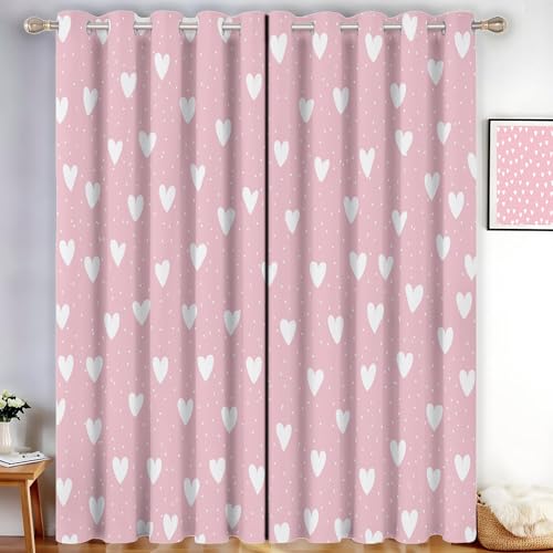 MLSOWM Small Wave Point Blackout Curtains for Bedroom, Heart Shaped Pattern Thermal Insulated Curtains Pink Drapes for Room Darkening & Noise Reducing 2 Panels, W 46" x L 54"