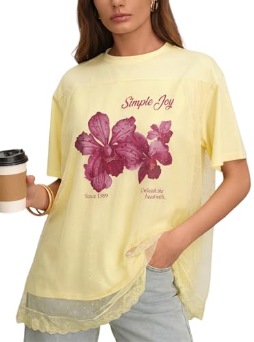 CSDAJIO Trendy Crew Neck Oversized T Shirts for Women Short Sleeve Loose Graphic Tee Summer Lace Top Floral Yellow X-Large
