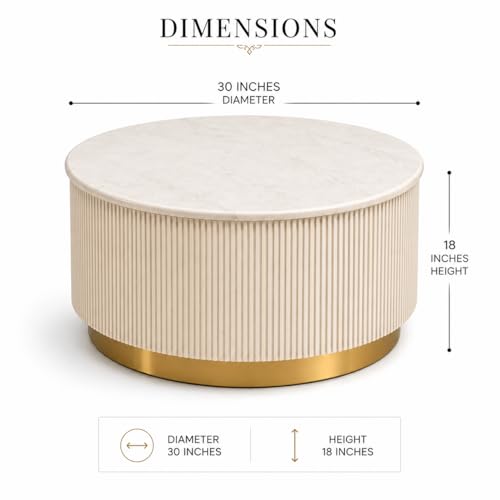 Image of Premium Luxury Marble-Top Wooden Center Table with Louvers & Acrylic Wooden Base | Premium Coffee Table for Living Room & Office (Cream)