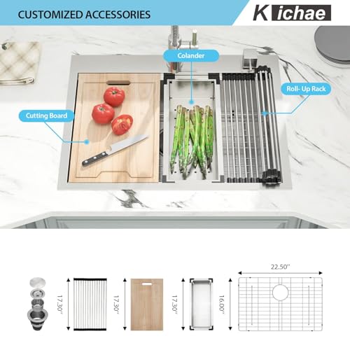 Image of Kichae 25 Inch Drop In Kitchen Sink Workstation - 25 inch x 22 inch Drop-In Kitchen Sink 16 Gauge Stainless Steel Single Bowl Ledge Workstation 25 Inch Handmade Basin