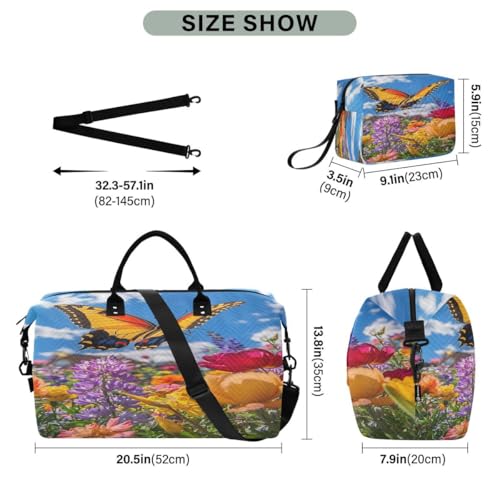 Flower Butterfly Blossom Cloud Travel Duffle Bag Gym Bag Weekender Bags with Toiletry Bag Travel Trip Tote Bag3
