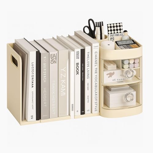 Vinnatsu卓上収納 デスク上置き棚 ペン立て付き 引き出し 大容量 卓上ラック デスクオーガナイザー 机上ラック 本立て 本棚折りたたみ式 伸縮できるブックエンド 倒れない 書籍 A4ファイル収納 小物収納 (クリームホワイト)