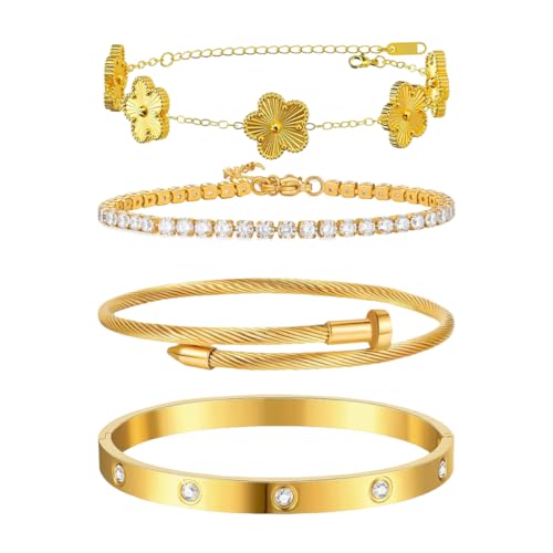 Gkaopi 4 Pièces Bracelet Trèfle Femme 18K Plaqué Or Réglable Bracelets en Acier Inoxydable Trèfle à Quatre Feuilles Tennis Bracelet Set avec Zirconia Empilable Chanceux Bijoux pour Femme Filles (Or)