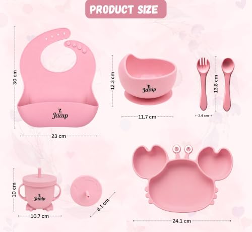 Image of JAAIP Silicone Baby Feeding Set - Suction Plate, bib, Fork, Bowl and Spoon for Products 6 to 12 Months Babies Spoons with Plates for Eating (Pink)