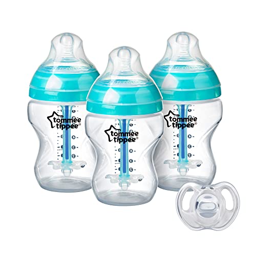 Image of Tommee Tippee Advanced Anti-Colic Bottle Starter Set | 3X 9oz Bottles, Breast-Like Nipples, Unique Anti-Colic Vent | 0-6m Ultra-Light Silicone Pacifier