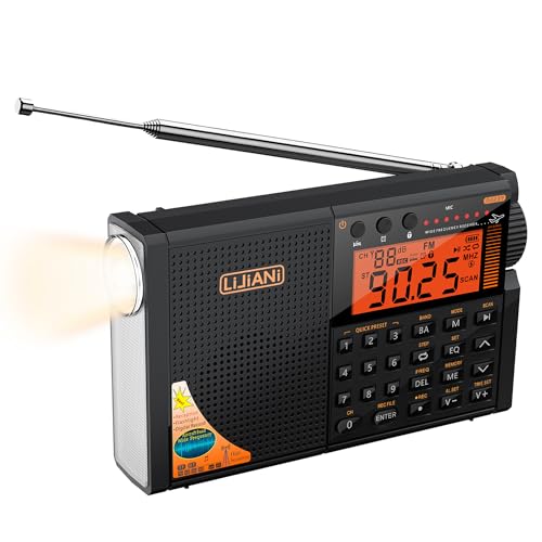 New VER Shortwave Radio AIR/VHF/AM/FM/Weather 6-Bands with Bluetooth/TF Card,2W Flashlight,Reading Lamp,Keyboard Backlight, Digital Recording, Alarm Clock,Powered by AA & LI Battery,Type-C/ANT Jack