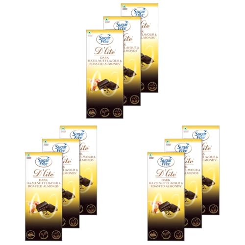Image of Sugar Free D'lite Hazelnut & Almonds Dark Chocolate Bar, 80 grams (Pack of 9)