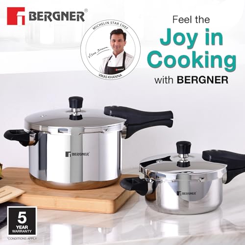 Image of Bergner Argent Elements Triply Stainless Steel 3.5 L Outer Lid Pressure Cooker, Healthy Cooking, Even Heat Distribution, Sturdy Handle, Easy Lock System, Safety Gasket - Induction and Gas Stove Ready