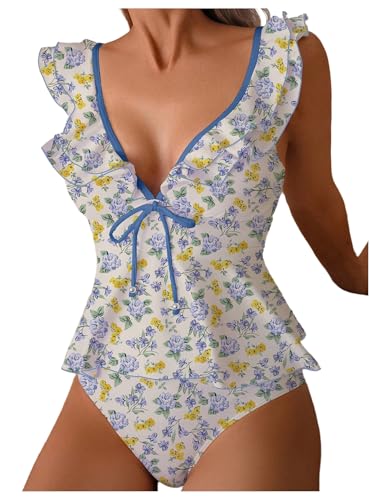 SweatyRocks Women's Floral Print Tankini Set Ruffle V Neck High Waisted Swimsuit Swimwear
