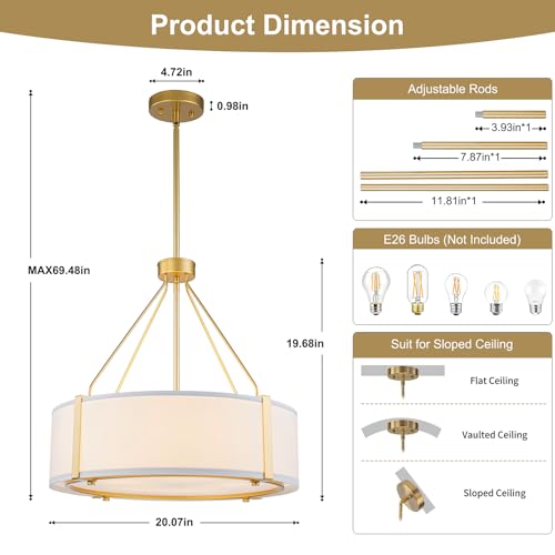 TinHon 20'' Gold Drum Chandelier, 5-Light Modern Dining Room Light Fixture by TinHon - Used condition - Image 8