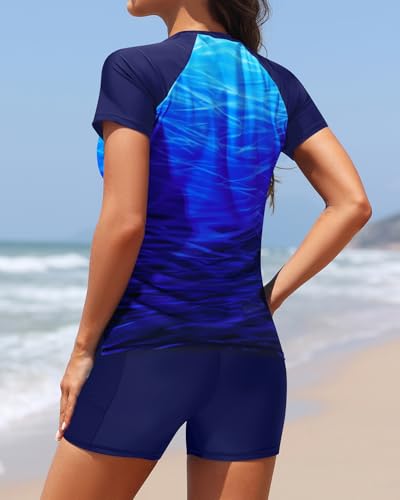 Image of Daci Short Sleeve Rash Guard 2 Piece Swimsuits with Bord Shorts | Sun Protection,Two Pockets,Clolor Block,High Waisted Short,High Neck,Quick Dry