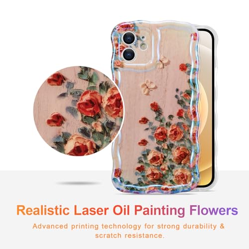 EYZUTAK Case for iPhone, Colorful Retro Oil Painting Printed Flower Laser Glossy Pattern Cute Curly Wave Edge Exquisite Phone Cover Stylish Durable TPU Protective Case for Girl Women - Image 8