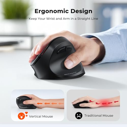 Image of MEETION Ergonomic Mouse, Wireless Bluetooth Vertical Mouse with 3 Multi-Device for Bluetooth(5.3 * 2) & USB-A to USB-C Adapter, 4 DPI 1200-3200 Mice for Mac /Windows /PC /Laptop /Computer