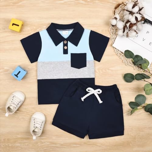 Baby Boy Clothes Toddler Boys Summer Outfits Short Sleeve Button Down Patchwork Top T-Shirt & Shorts Set 2PCS2