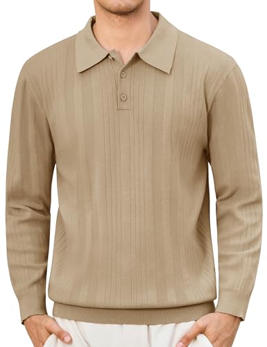 Cotrasen Mens Knit Polo Sweaters Long Sleeve Polo Lightweight Casual Dress Collar Pullover Sweaters Textured