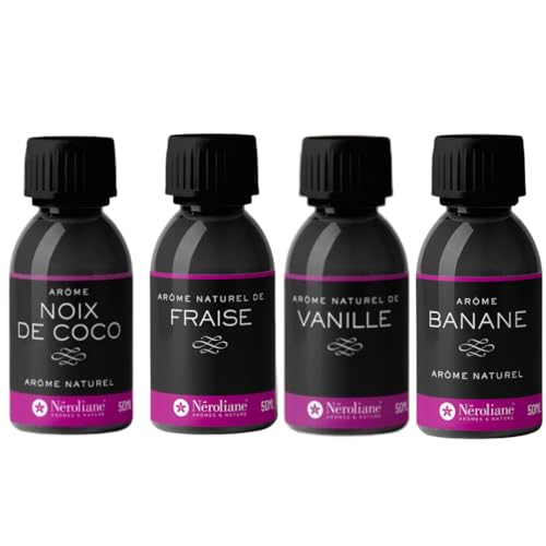 NEROLIANE – Lot 4 Arômes Naturels 50ml : Fraise, Vanille, Banane, Noix de Coco – Yaourts, Pâtisseries, Boissons, Glaces – Vegan – Sans Alcool – Fabriqué en France – Qualité Professionnelle