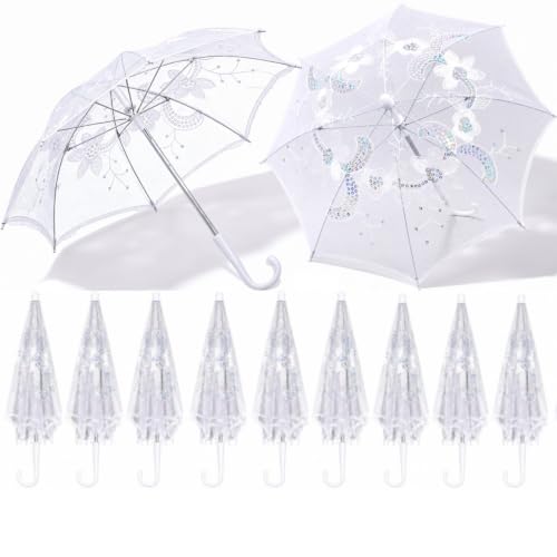 SilTriangle 12 Pack 19.7" Mini Lace Umbrella Bulk Sequin Parasol, White