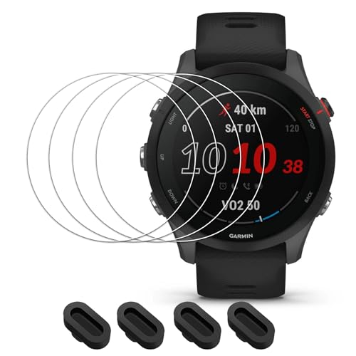 Wanme 4 Piezas Cristal Templado para Garmin Forerunner 255 Protector Pantalla + 4 Piezas Tapones Antipolvo de Silicona, Película Protectora HD Resistente a Arañazos (Transparente)
