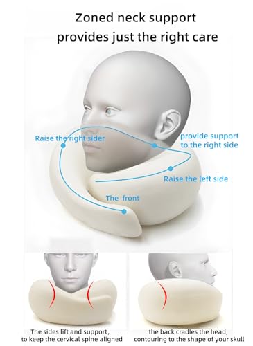 Image of Travel Neck Pillow with Extra Large Hood Rollable Airplane Hooded Neck Pillow with Memory Foam Filling and Removable, Skin-Friendly Cover with a Carrying Pouch (Cationic)