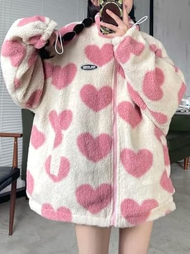 Sumleno Women's Fleece Sherpa Jackets Reversible Kawaii Heart Print Fuzzy Zip Up Cutecore Coats Aesthetic Y2k Gyaru Clothes4