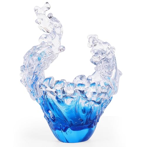 suruim Hand Blown Glass Wave Sculpture Figurines Blue and Clear