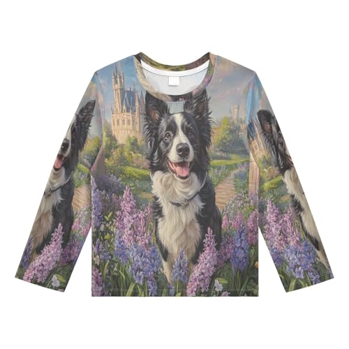 DOMIKING Collie Hyacinths Purple Boys Long Sleeve Rashguard Shirt Kids Quick Dry Swim Shirt for Kids Toddler 9-10T