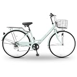 自転車 シティサイクル ママチャリ 買い物 通勤通学 街乗り 婦人車 大型カゴ 折りたたみ自転車 26インチ シマノ外装6段変速 LEDライト カゴ付き リング錠付き お出掛け 新生活 人気 プレゼント【MAKTA】 (オートライト・片足スタンド, ミントブルー)