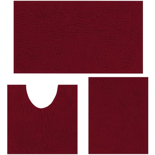 Badezimmerteppich-Set, 3-teilig, extra weich und saugfähig, dicke Chenille-Badematte, rutschfester, zotteliger Plüsch-Badteppich-Set, maschinenwaschbar, schnell trocknend, langlebig, Teppich für