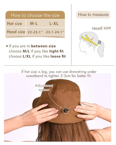 FURTALK Unisex 100% bawełna Bucket Hat Regulowany Kapelusz Słońca dla mężczyzn i kobiet, Brązowy, M