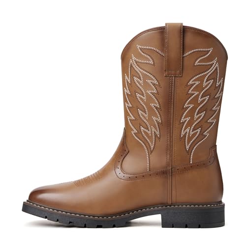 Image of Julyrose Men's Cowboy Boots - Western Boots Square Toe,Slip Resistant,Retro Embroidered Design,Slip on Chunky Heel Country Boot