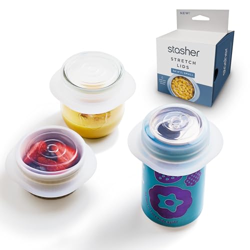 Stasher Premium Reusable Silicone Stretch Lids, 3-Pack - Small, Clear, 2.5” Lids, Airtight Seal, Food Container Covers, BPA Free, Leak-free, Dishwasher Safe, Microwave Safe, Eco-Friendly