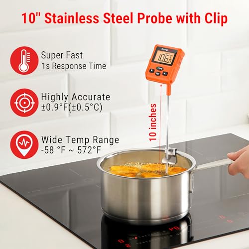 Image of ThermoPro Plastic Tp511 Digital Instant Read Kitchen Food Thermometer,Deep Fry Candy Thermometer With Pot Clip & Backlight & 8 inch Long Probe Cooking Thermometer For Frying Oil,Liquids,Sugar,Meat,Bbq