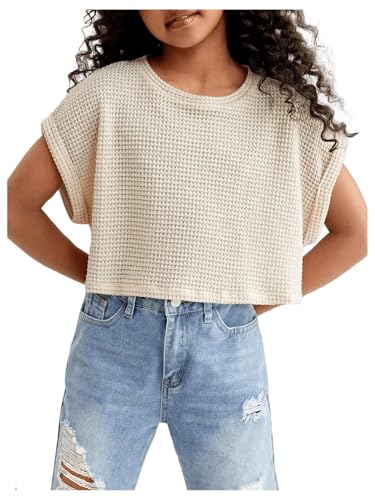 Image of SweatyRocks Girl's Waffle Knit T Shirts Short Sleeve Crew Neck Loose Fit Solid Casual Crop Tops Beige 10Y
