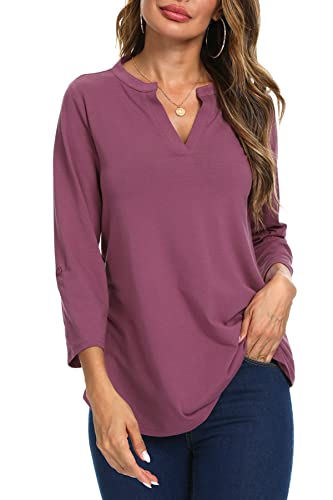 Niloufo Womens Casual Summer Shirts Notch V Neck Blouses 3/4 Roll Sleeve Tops Tunics(Mauve, Small) #TOP1