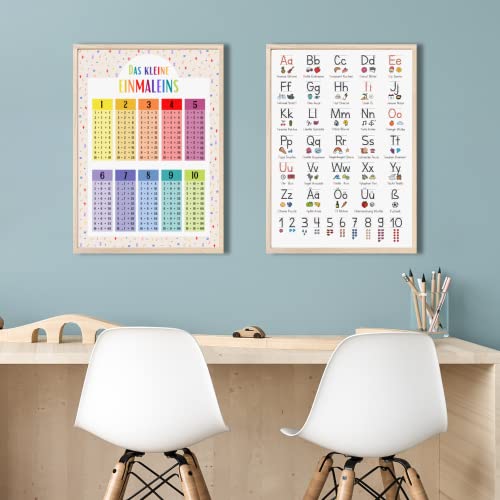 MeinBaby123® XL ABC Lernposter Grundschrift für Kinder | 1x1 Poster, Einmaleins Trainer für Kinder | 2er Set | Kindergarten, Vorschule, Grundschule (DIN A2 2er Set - bunt)